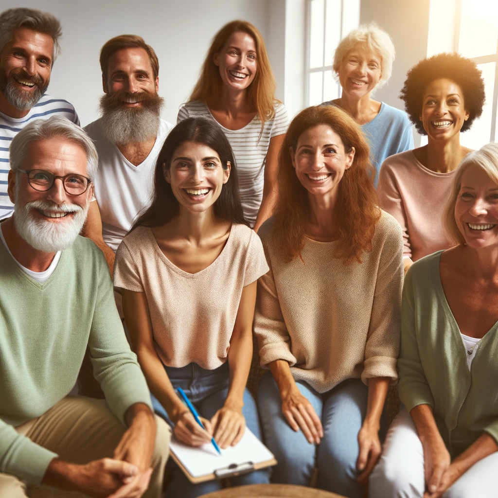 DALL·E 2024 01 18 14.11.41 An inspirational image showcasing a diverse group of people of different ages and backgrounds smiling and engaged in a group therapy session. This im
