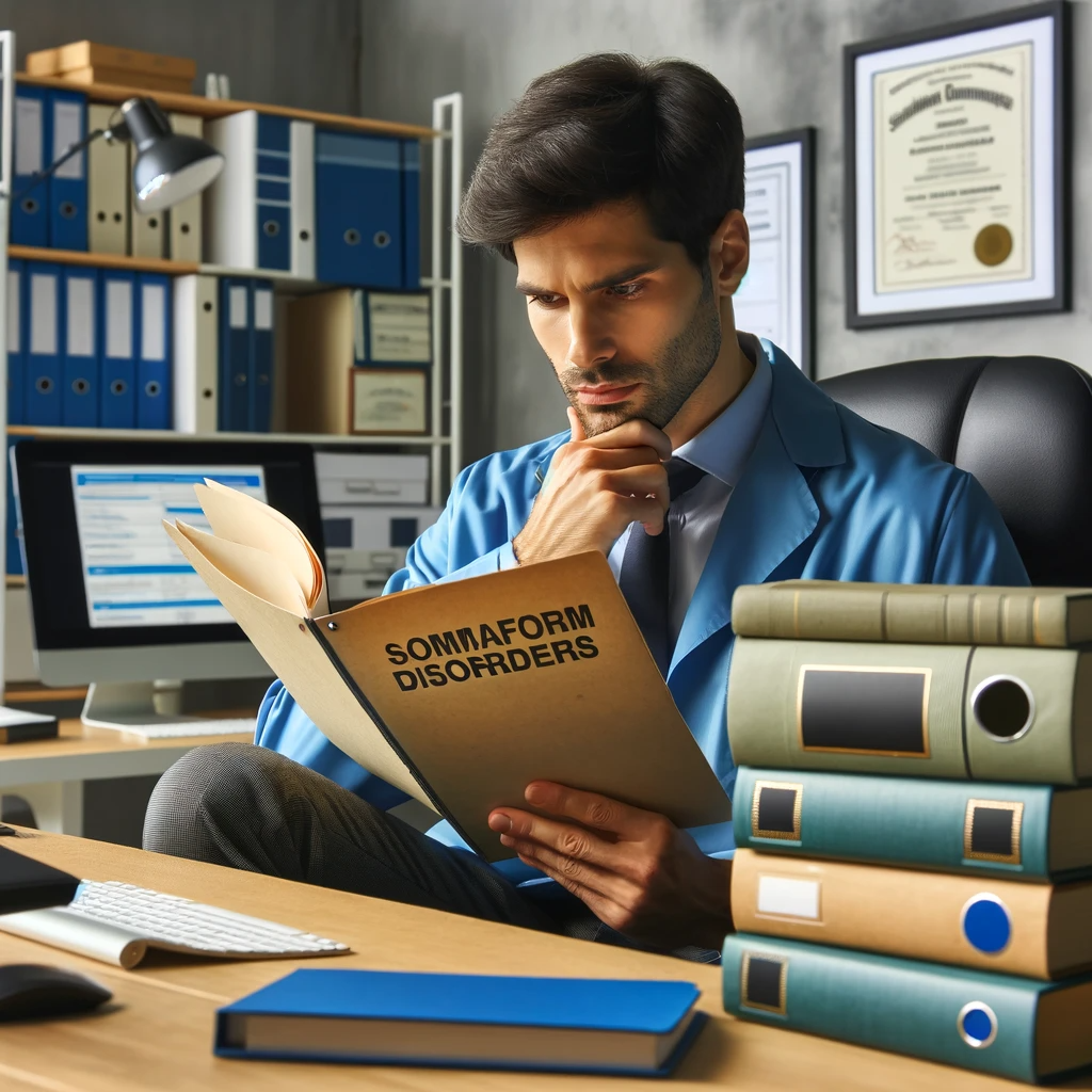 DALL·E 2024 01 11 14.47.05 A thoughtful psychiatrist in a Boston office surrounded by books and medical certificates deeply engrossed in reading a patients file on somatoform