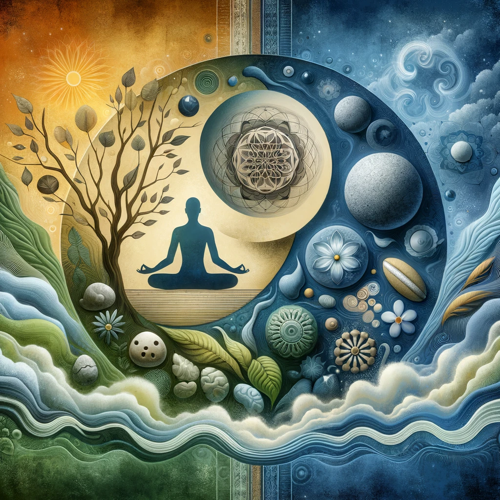 A serene image symbolizing integrative and holistic approaches in psychiatry featuring a balanced composition of nature elements meditation