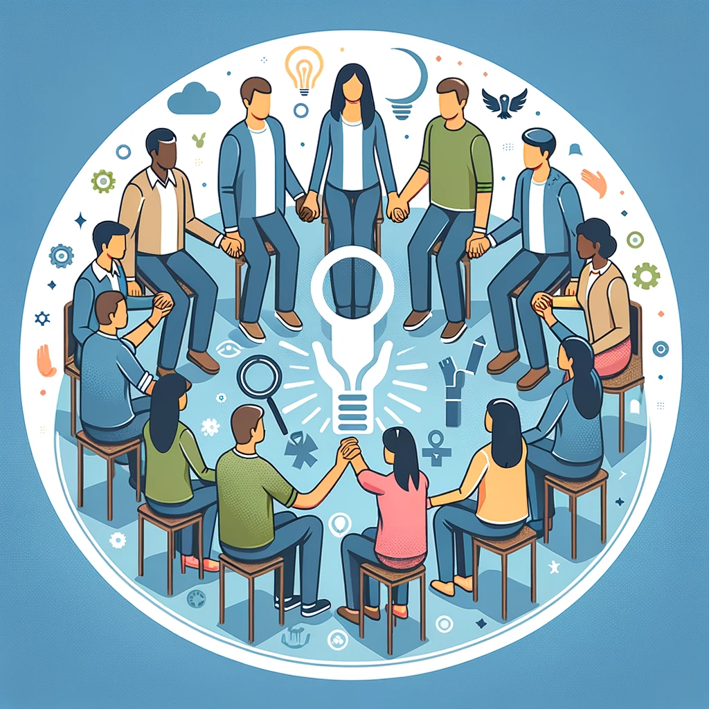 Illustration showing the support system in psychiatric treatment depicting a group of diverse people holding hands in a circle symbolizing