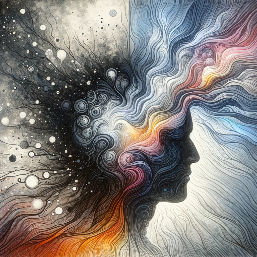 DALL·E 2024 01 20 19.55.43 An artistic representation of a persons mind transitioning from a state of anxiety depicted with chaotic dark swirls to a state of calm illustrat