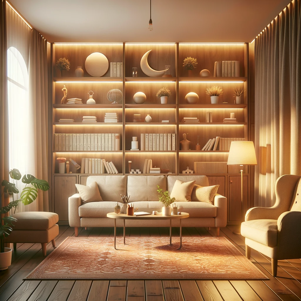 DALL·E 2024 01 19 14.54.37 Warm Psychiatrists Office A cozy and welcoming psychiatrists office with comfortable seating including a plush sofa and armchairs. The room featur