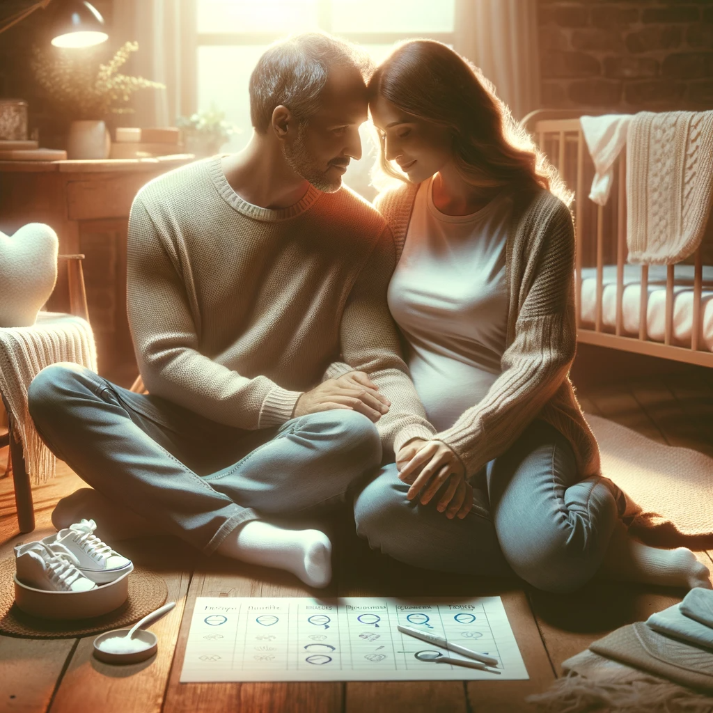 DALL·E 2024 01 11 13.28.42 A compassionate couple sitting together in a cozy softly lit room sharing a moment of understanding and support. They are surrounded by subtle symbo