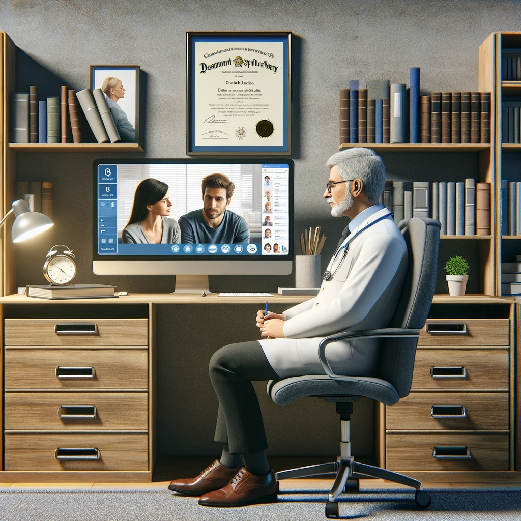DALL·E 2024 01 11 13.28.50 An expert psychiatrist portrayed as a compassionate and thoughtful individual sitting in a well organized serene office. The office is filled with
