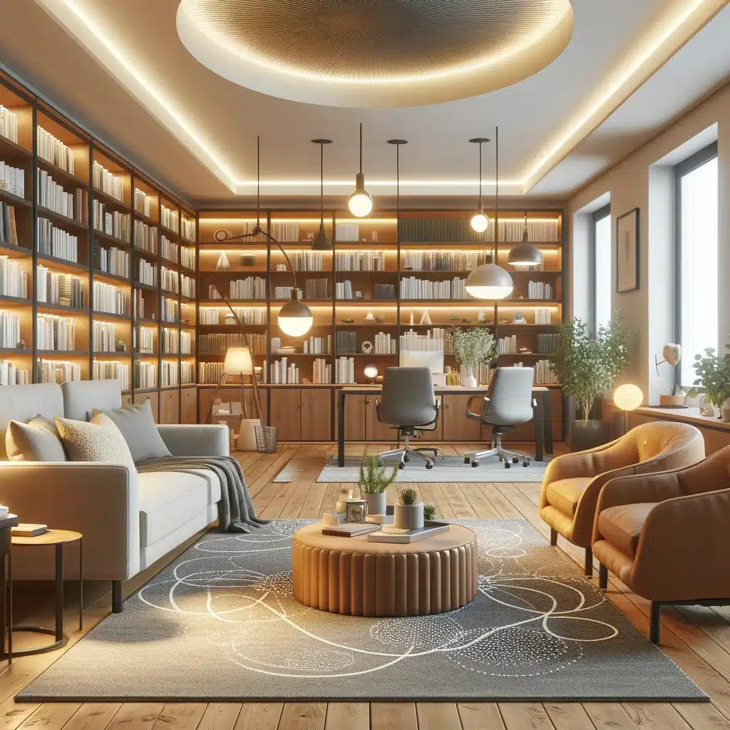 Modern and cozy psychiatrist office interior with a comfortable seating area bookshelves filled with medical books and warm lighting